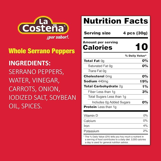 Serrano Peppers 12 oz | Can Pickled Serranos Peppers | By La Costeña