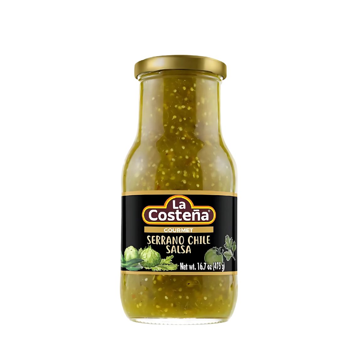 Serrano Chile Salsa Gourmet 16.5 oz | Jar Serrano Sauce Gourmet 475g | By La Costeña